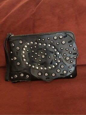 Patricia Nash Black Leather Studded Wristlet Clutch with Gunmetal Accents